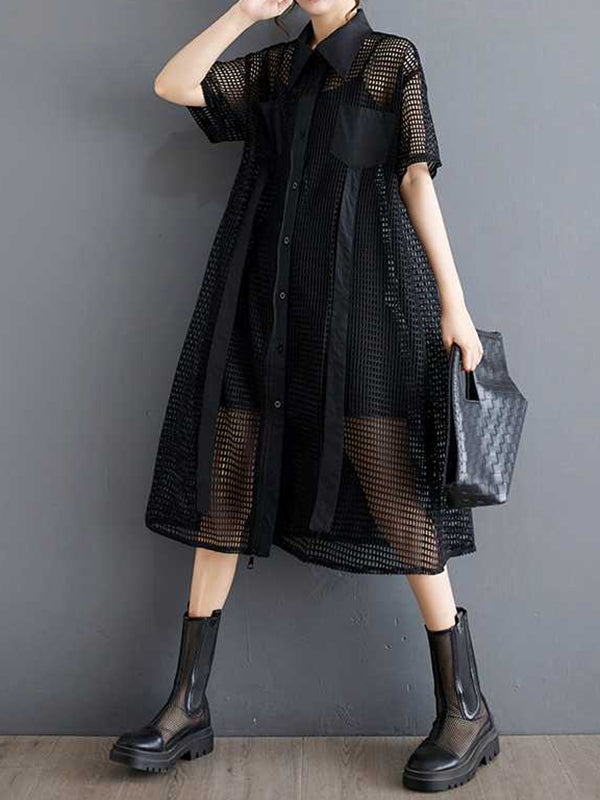 Hollow Solid Color Split-Joint Zipper Half Sleeves Loose Lapel Shirt Dress Midi Dresses