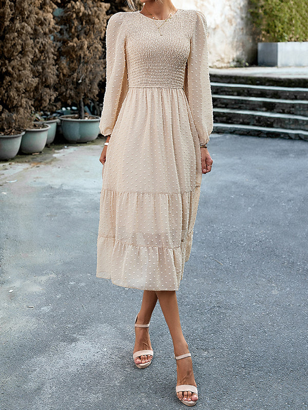 Elasticity Jacquard Solid Color Split-Joint A-Line Bishop Sleeve Round-Neck Midi Dresses