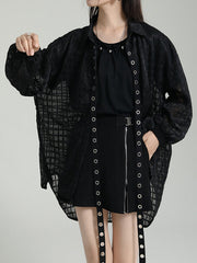 Gauze See-Through High-low Long Sleeves Round-neck Blouses&shirts Tops