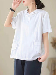 Solid Color Loose Short Sleeves Hooded T-Shirts Tops