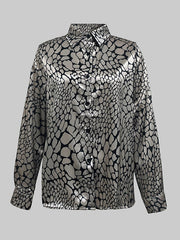 Long Sleeves Loose Buttoned Contrast Color Snakeskin Printed Lapel Blouses&Shirts Tops