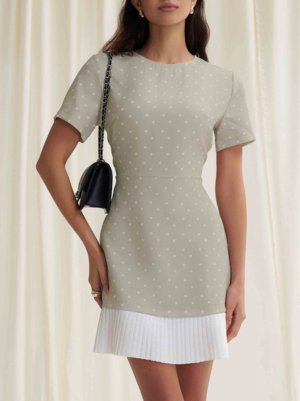 Pleated Polka-Dot Split-Joint A-Line High Waisted Round-Neck Mini Dresses