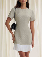 Pleated Polka-Dot Split-Joint A-Line High Waisted Round-Neck Mini Dresses