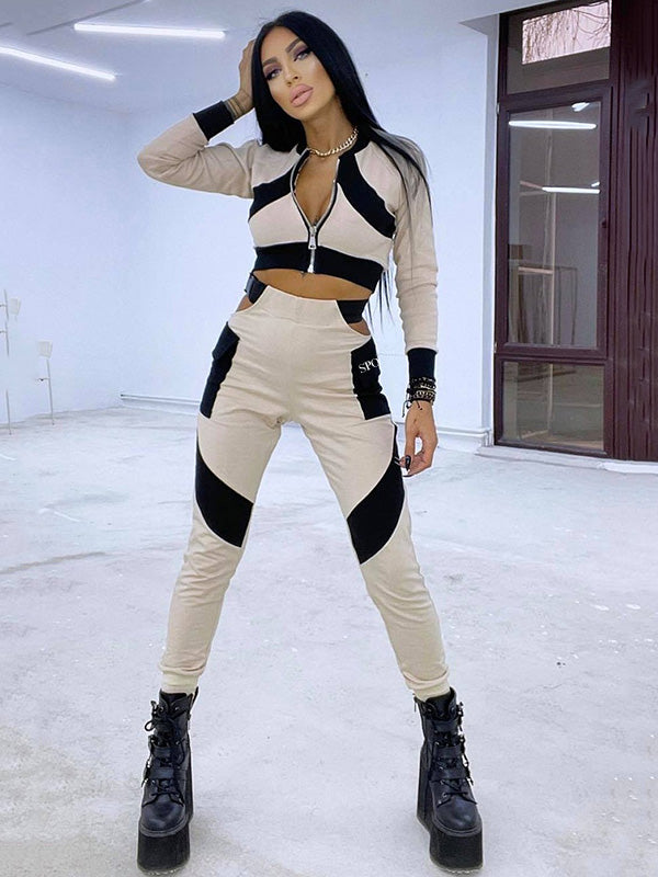 Color-Block Zipper Slim Leisure Long Sleeve Hollow Athletic Sport Suits