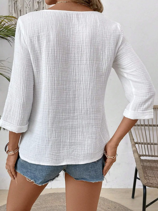 See-Through Solid Color Split-Joint Long Sleeves Loose Square-Neck Blouses&Shirts Tops