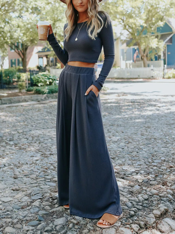 Pleated Pockets Solid Color High Waisted Loose Trousers Pants