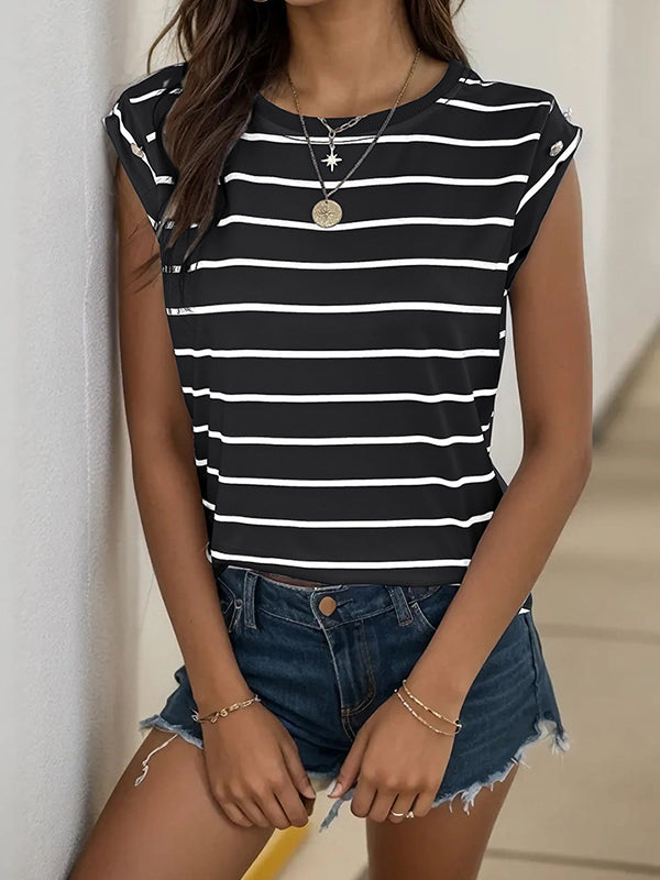 Split-Joint Striped Loose Short Sleeves Round-Neck T-Shirts