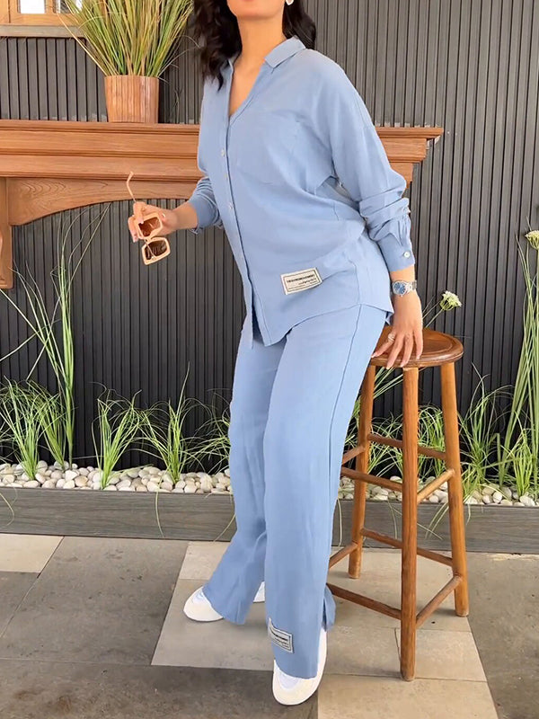 Solid Color Long Sleeves Buttoned Lapel Shirts Top + High Waisted Split-Side Pants Bottom Two Pieces Set
