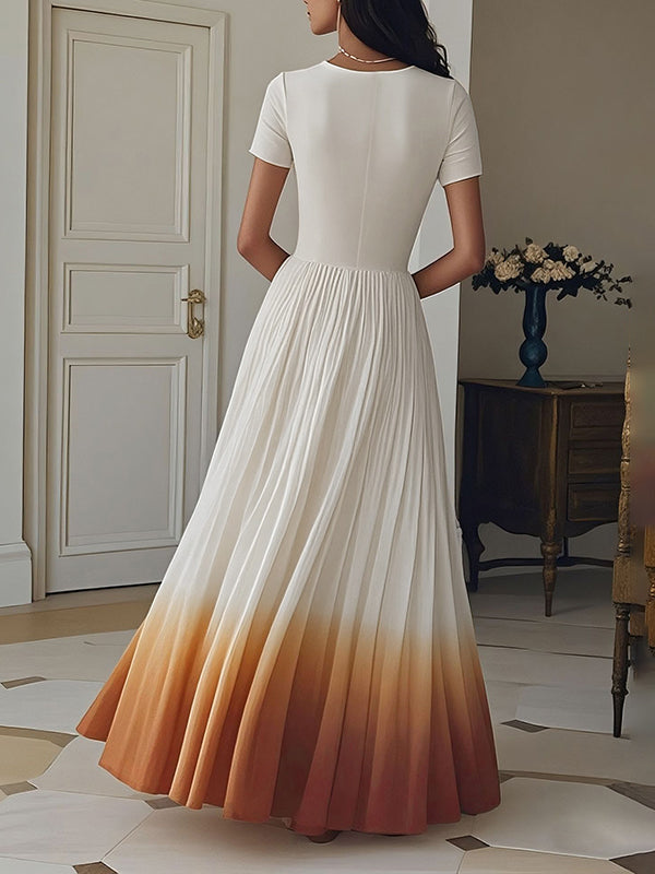 Gradient Pleated Zipper A-line High Waisted V-neck Maxi Dresses