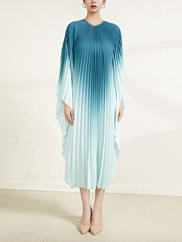 Gradient Pleated Batwing Sleeves Loose Round-Neck Midi Dresses