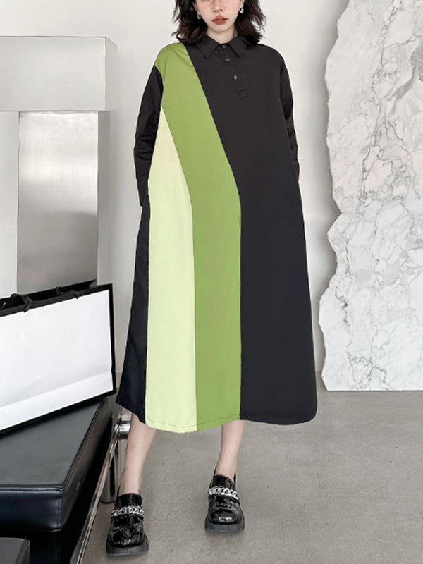 Asymmetric Buttoned Contrast Color Split-Joint Long Sleeves Loose Lapel Shirt Dress Midi Dresses
