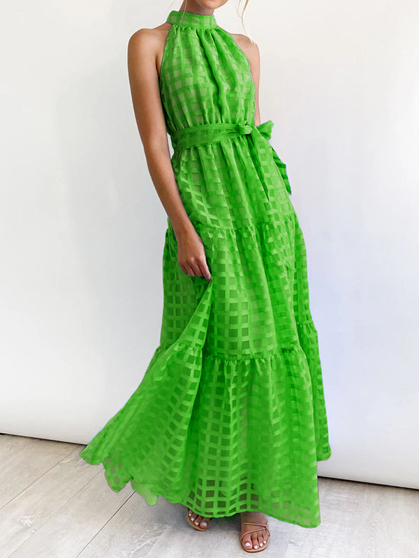 Plaid Ribbed Loose Sleeveless Stand Collar Maxi Dresses