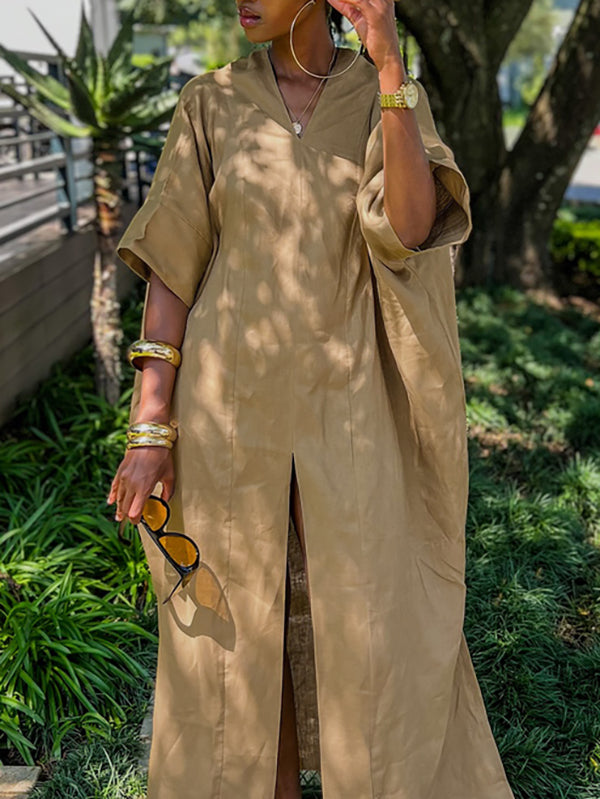 Solid Color Split-Front Loose Short Sleeves V-Neck Maxi Dresses