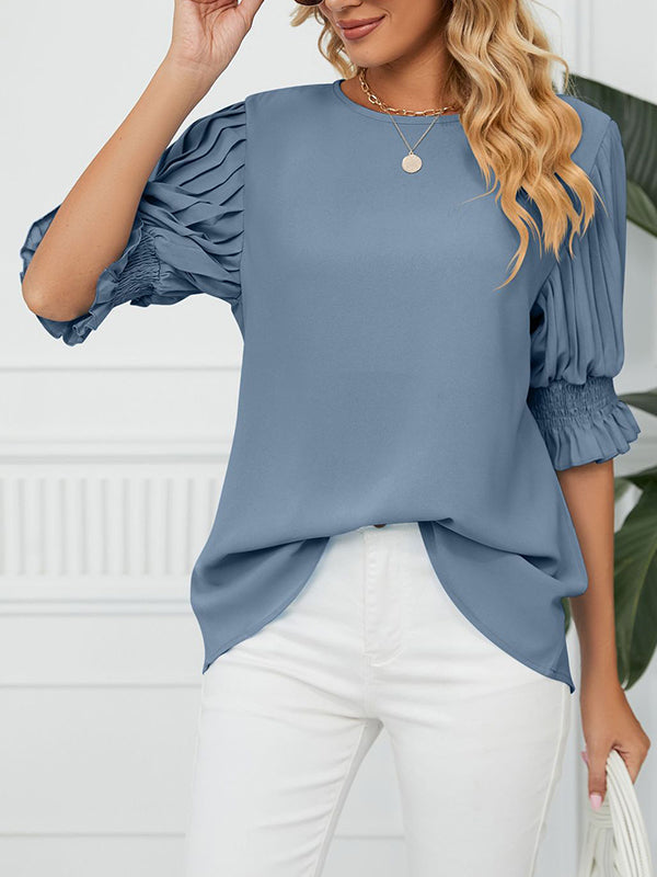 Pleated Solid Color Loose Puff Sleeves Round-Neck T-Shirts Tops