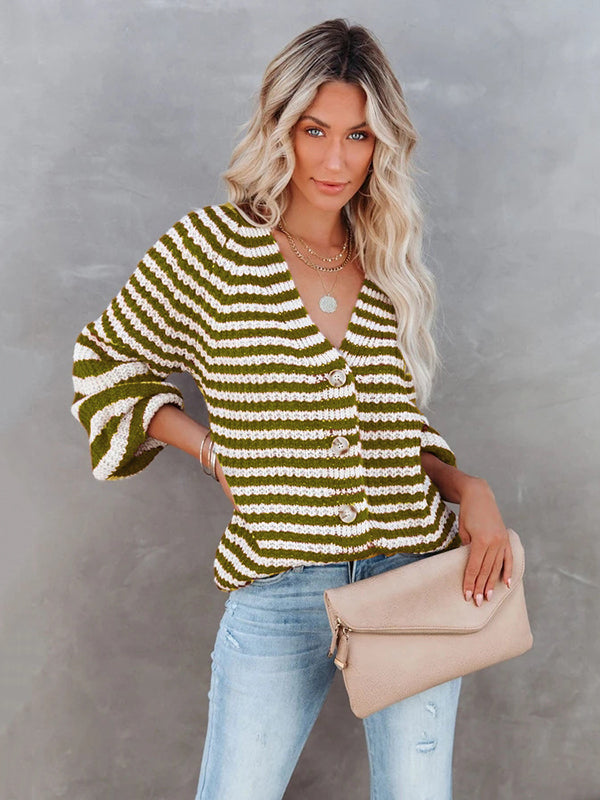 Casual Loose Long Sleeves Striped V-Neck Cardigan Tops
