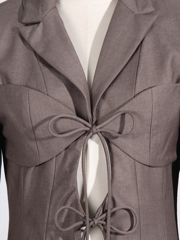Pockets Solid Color Tied Long Sleeves Loose Notched Collar Outerwear Blazer