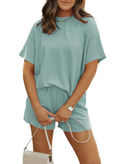 Loose Solid Color Half Sleeves Round-Neck T-shirt Top + Pockets Shorts Bottom Two Pieces Set