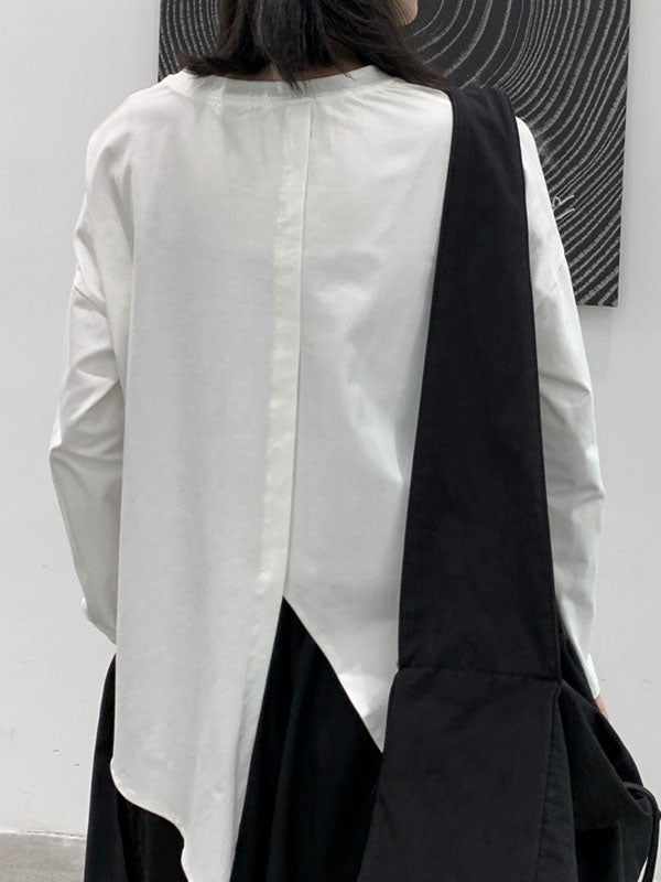 Asymmetric Solid Color Split-Front Split-Joint Long Sleeves Loose Round-Neck T-Shirts