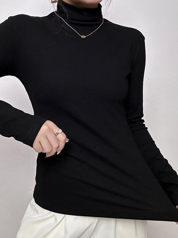 Solid Color Long Sleeves Skinny High Neck T-Shirts Tops