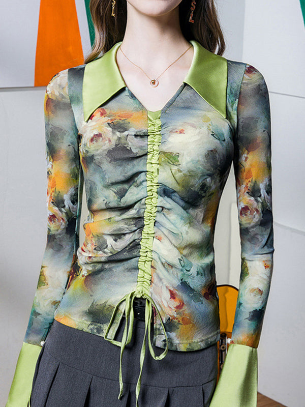 Drawstring Flower Print Pleated Flared Sleeves Long Sleeves Lapel Blouses&Shirts Tops