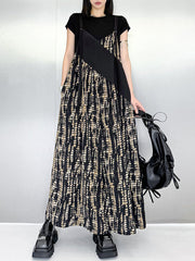 Asymmetric Contrast Color Printed Split-Joint Loose Sleeveless Spaghetti-Neck Overalls