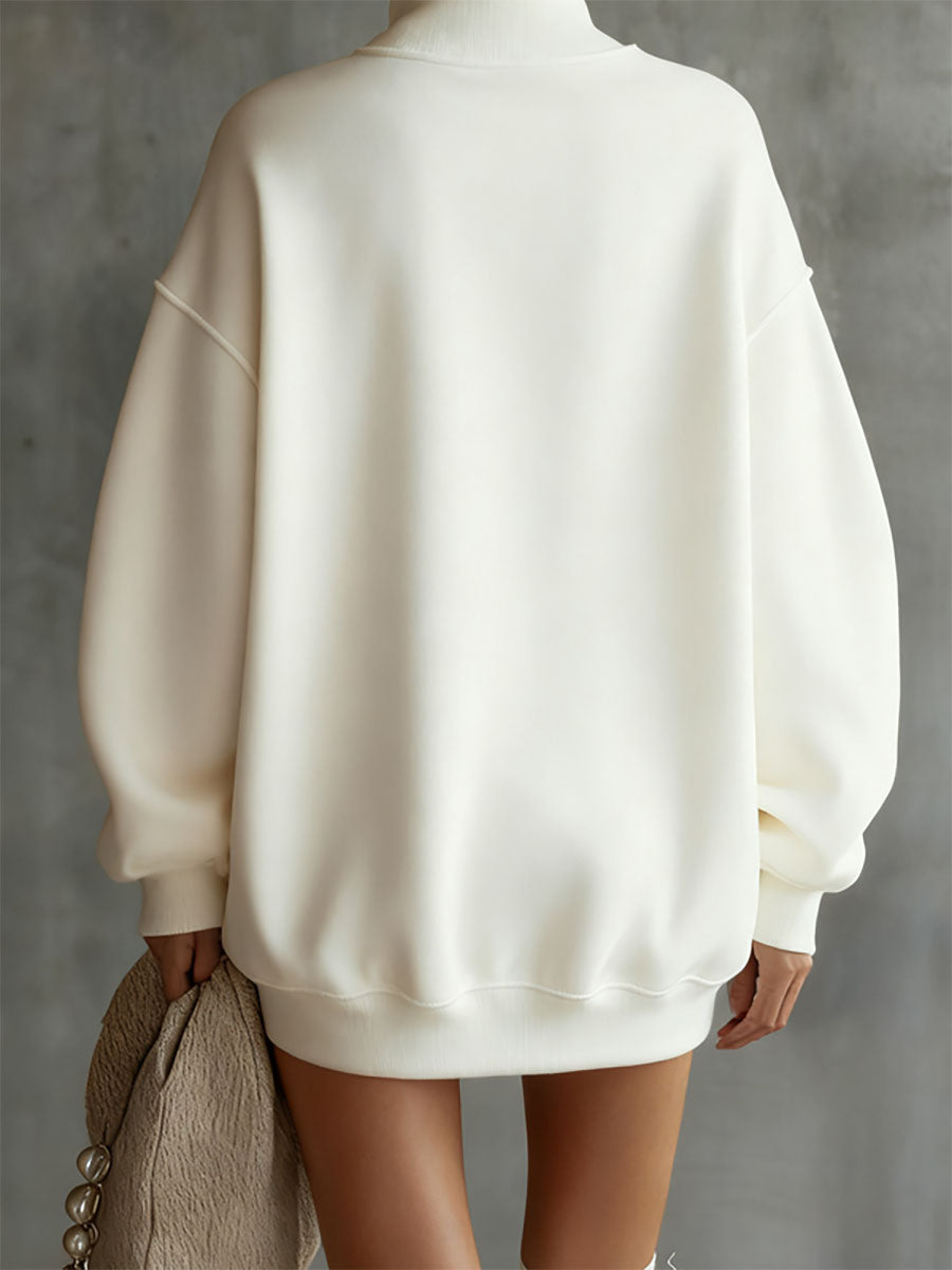 Buttoned Solid Color Split-Joint Long Sleeves Loose High Neck Sweatershirt Mini Dresses