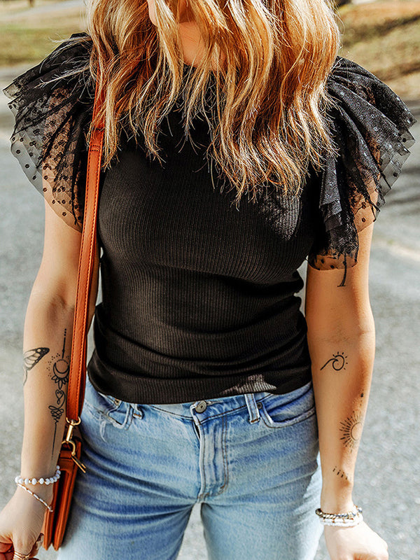 Split-Joint Ruffle Sleeves Skinny Round-Neck T-Shirts Tops