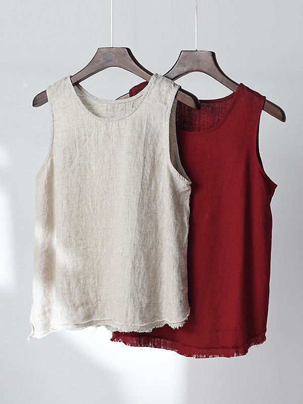 Fringed Solid Color Loose Sleeveless Round-Neck Vest Top