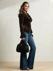 Elasticated Waist Flared Sleeves Buttoned Pleated Ruffled Solid Color Split-Joint Deep V-Neck Blouses&Shirts Tops