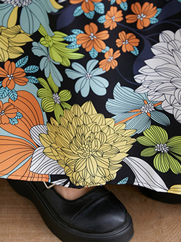 Long Sleeves Loose Floral Printed Round-Neck Midi Dresses