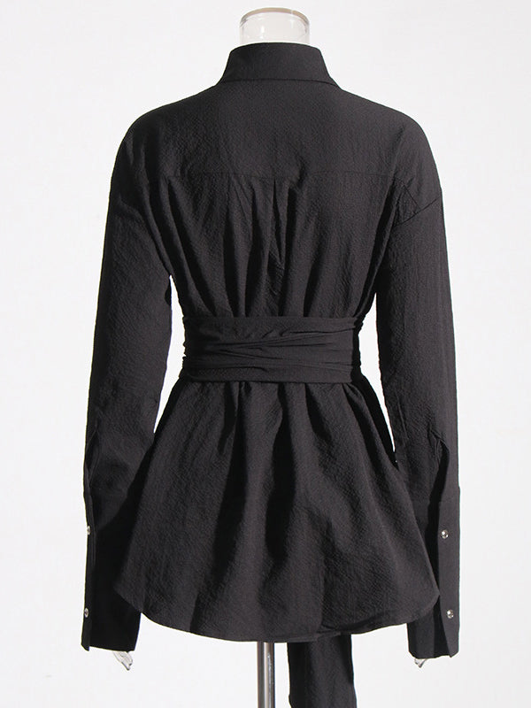 Belted Buttoned Long Sleeves Loose Lapel Shirt Dress Mini Dresses