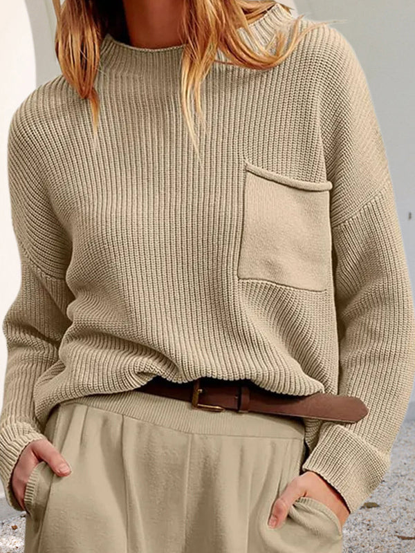 Pockets Solid Color Long Sleeves Loose Round-Neck Sweater Tops Pullovers Knitwear