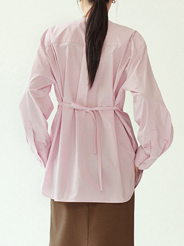 Buttoned Solid Color Tied Long Sleeves Loose Round-Neck Blouses&Shirts Tops