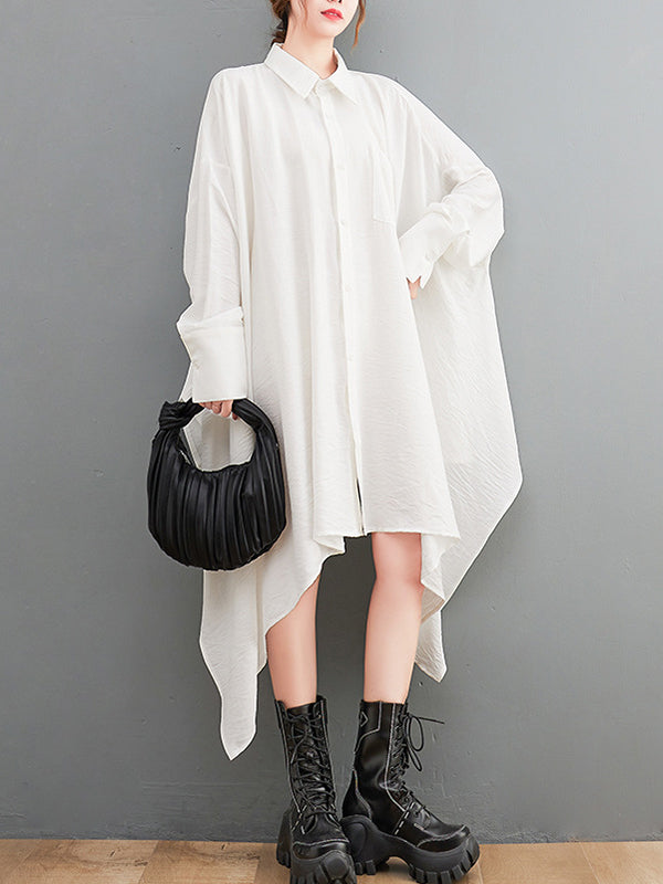 Asymmetric Buttoned Pockets Solid Color A-Line High-Low Lapel Shirt Dress Midi Dresses