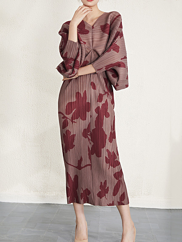 Pleated Printed Batwing Sleeves Loose V-Neck Midi Dresses