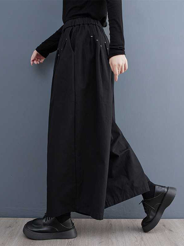 Elasticity Embroidered Pleated Loose Wide Leg Trousers Ninth Pants