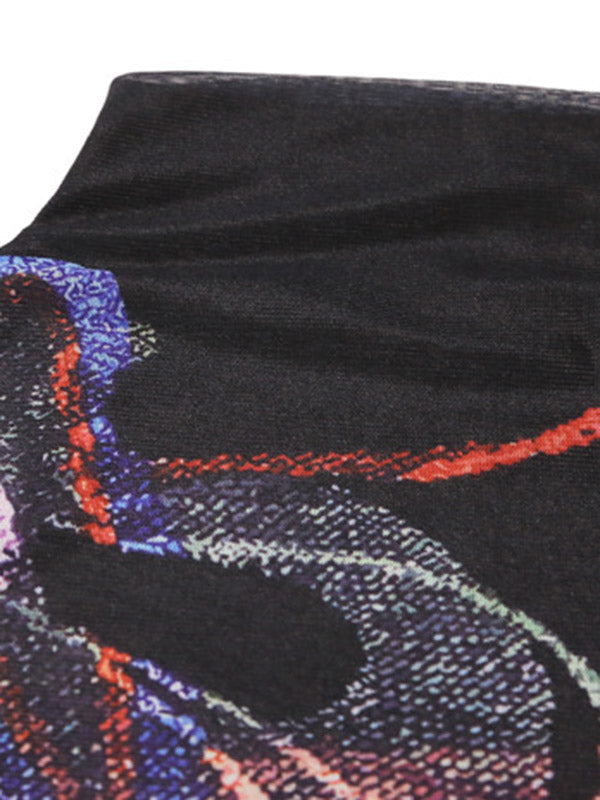 Printed See-Through Split-Joint Long Sleeves Plus Size High Neck T-Shirts