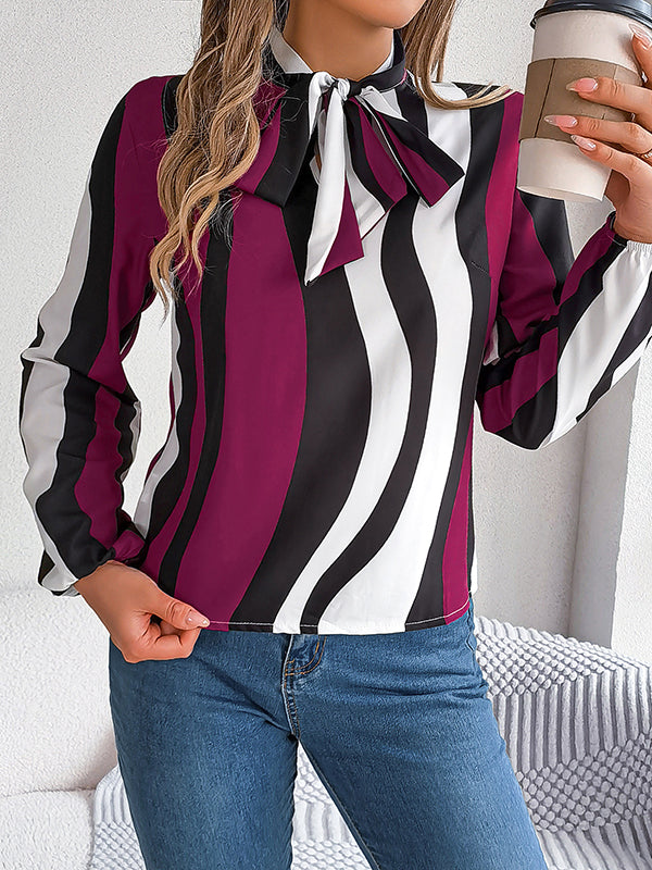 Contrast Color Elasticity Striped Tied Long Sleeves Loose Mock Neck Blouses&Shirts Tops