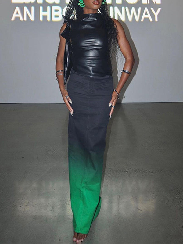 Asymmetric Pleated Solid Color Skinny Sleeveless Mock Neck Vest Top