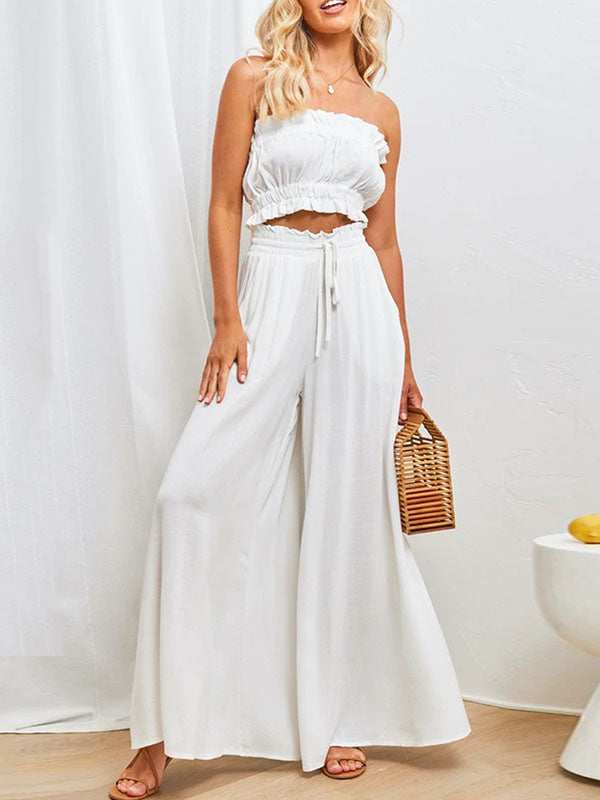 Drawstring Elasticity Pockets Solid Color High Waisted Loose Trousers Pants