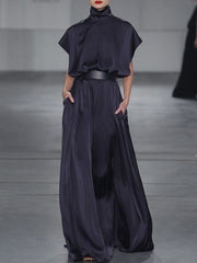 Loose Raglan Sleeve Solid Color Split-Joint Tied Waist High Neck Maxi Dresses