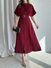 Loose Raglan Sleeve Pleated Split-Front Split-Joint Tied Waist Round-Neck Maxi Dresses