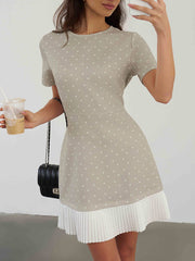 Pleated Polka-Dot Split-Joint A-Line High Waisted Round-Neck Mini Dresses