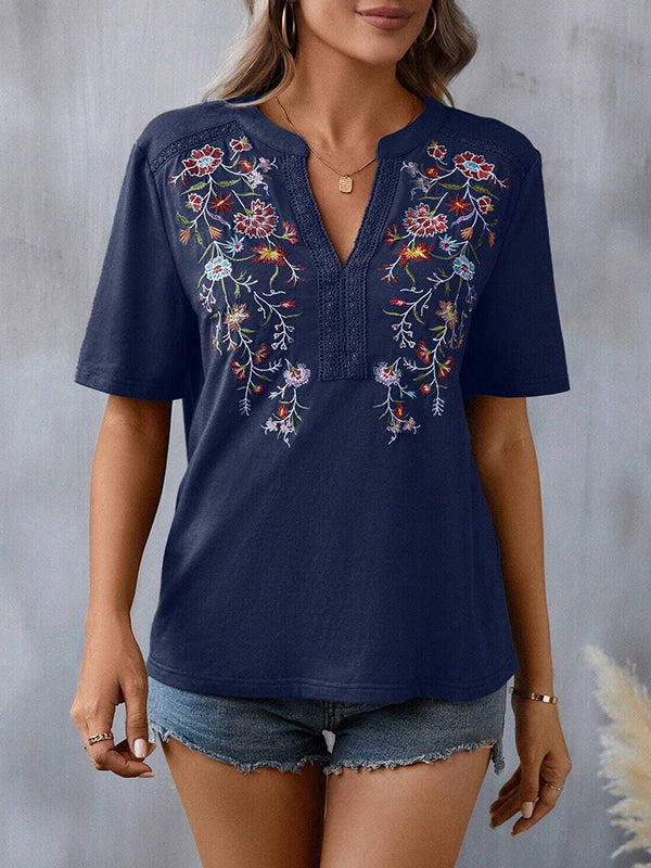 Embroidered Split-Joint Half Sleeves Loose V-Neck T-Shirts Tops