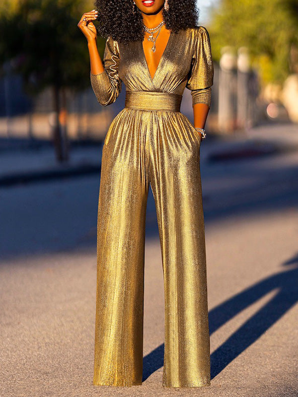 Shiny High Waisted Three-Quarter Sleeves Deep V-Neck Jumpsuits