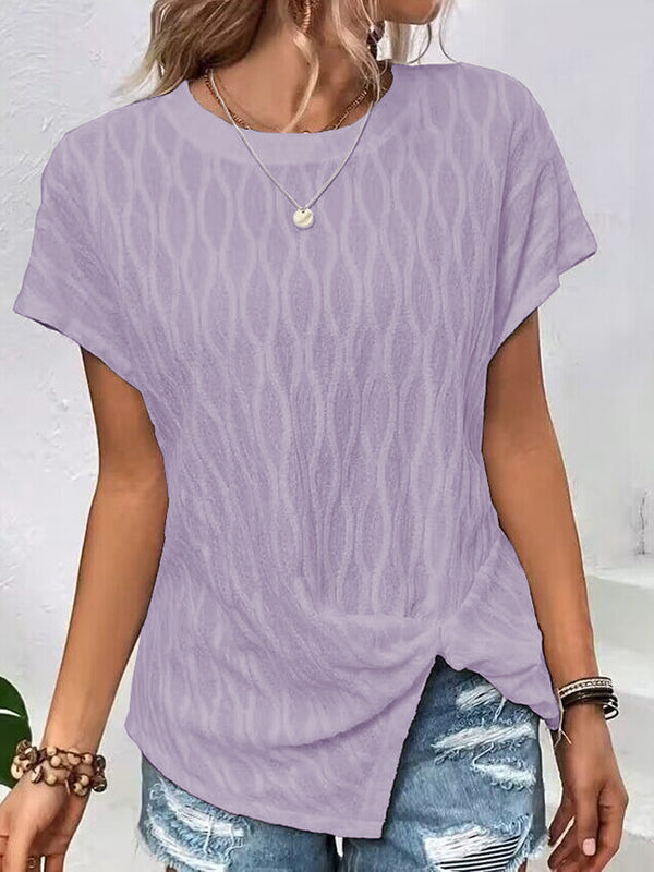 Jacquard Solid Color Split-Front Batwing Sleeves Loose Round-Neck T-Shirts Tops