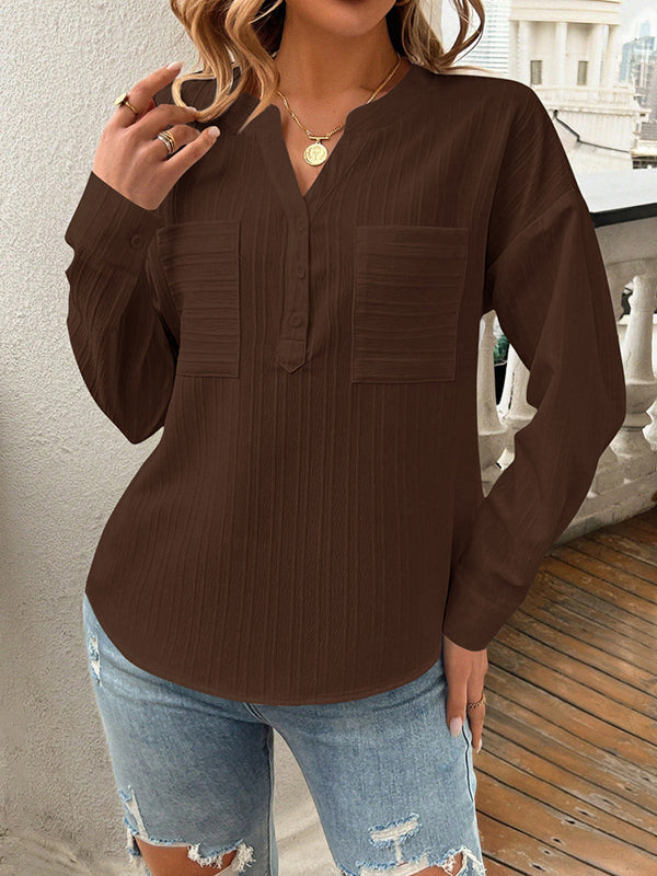 Buttoned Pockets Solid Color Long Sleeves Loose V-Neck Blouses&Shirts Tops