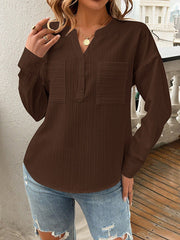 Buttoned Pockets Solid Color Long Sleeves Loose V-Neck Blouses&Shirts Tops