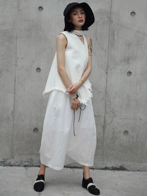 Loose White Linen Split-Side Harem Pants