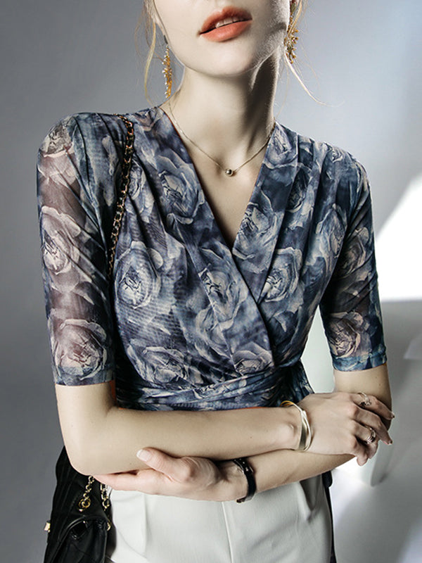 Flower Print Mesh Tied Half Sleeves Plus Size V-Neck Blouses&Shirts Tops